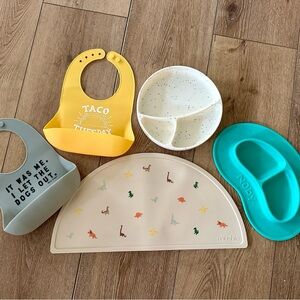 Kids Silicone Bib and Feeding Set - Yellow, Gray, Teal